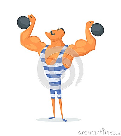 Vintage Strongman. Ancient athlete. Retro bodybuilder barbell. Strong power Circus actor. Vector Illustration