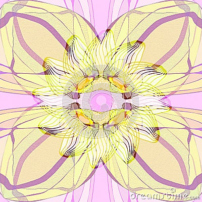 FLOWER MANDALA. ABSTRACT PURPLE BACKGROUND. CENTRAL FLOWER IN YELLOW, PINK AND PURPLE. LINEAR DESIGN Stock Photo