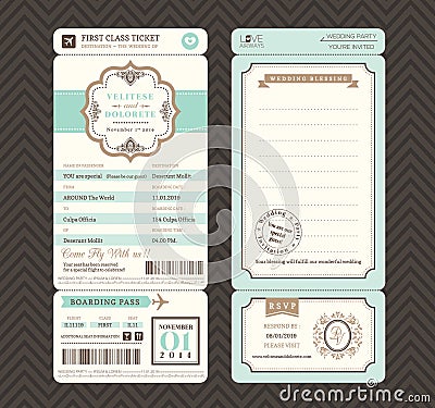 Vintage style Boarding Pass Ticket Wedding Invitation Template Vector Illustration