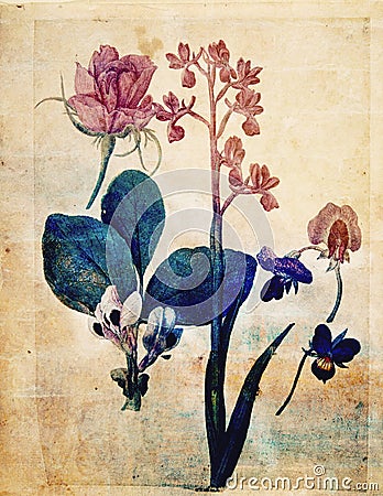 Vintage Style Botanical Flower Wall Art in rich colors Stock Photo