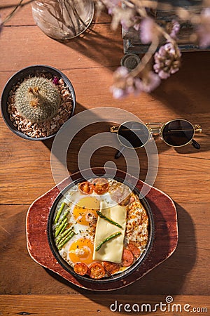 Vintage style breakfast hot pan eggs Stock Photo