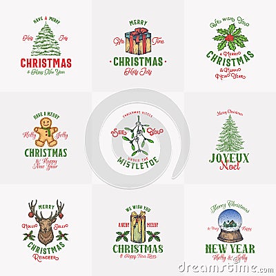 Vintage Style Christmas Logos or Labels Template Bundle. Hand Drawn Deer, Gingerbread Cookie, Pine, Gift boxes, Holly Vector Illustration