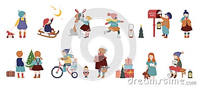 Vintage style cute Scandinavian winter kids. Children and babies wearing fashion bohemian clothes. Retro style vector Vector Illustration