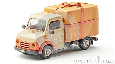 Vintage-style delivery van with oversized gift package. Stock Photo