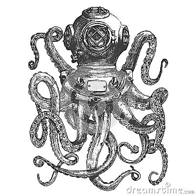 Vintage style diver helmet with octopus tentacles Vector Illustration