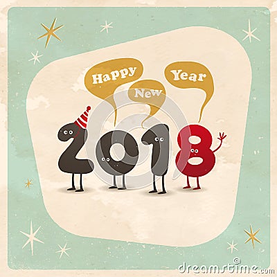 Vintage style funny greeting card - Happy New Year 2018. Vector Illustration