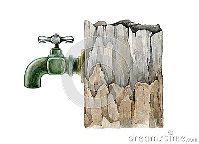 Vintage style garden metal water tap with wooden basement. Watercolor illustration. Hand drawn retro faucet element Cartoon Illustration