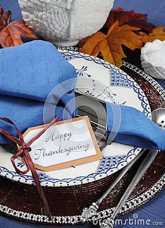 Vintage style Happy Thanksgiving dining table place setting - closeup. Stock Photo
