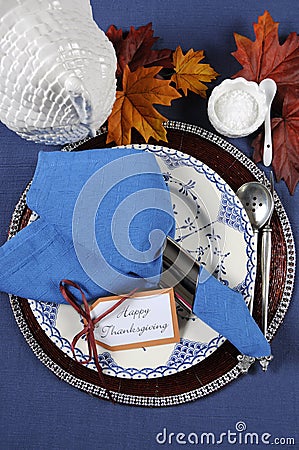 Vintage style Happy Thanksgiving dining table place setting - vertical. Stock Photo