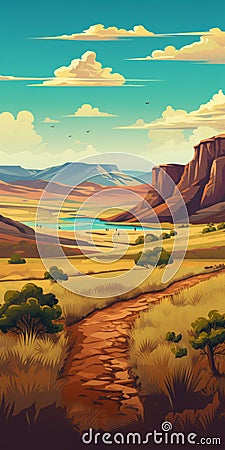 Scenic Landscape Vector Illustration In Western Style Cartoon Illustration