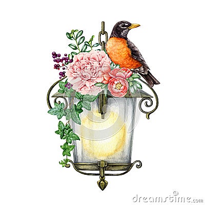 Vintage style metal lantern with garden flowers and robin bird decor. Watercolor illustration. Hand painted old garden Cartoon Illustration