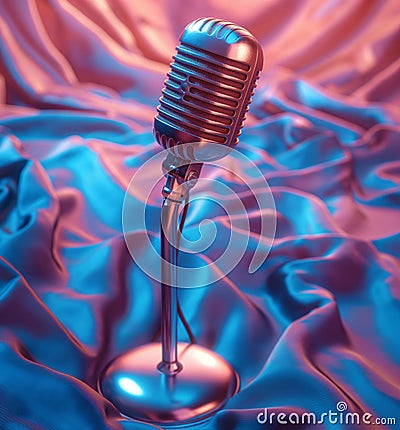 Vintage-style microphone standing on soft, flowing fabric in cool blue gradient, adding depth and elegance create professional Stock Photo