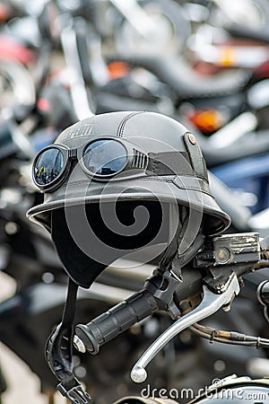 Vintage style motorbike helmet with goggles on the motorcycle handlebar Stock Photo