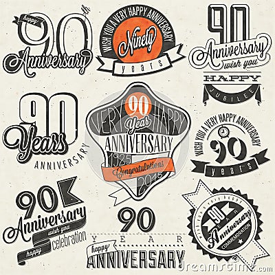 Vintage style ninetieth anniversary collection. Vector Illustration