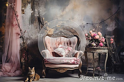 Vintage style photo studio with old IKEA furniture, grunge wall with paintin and plants in boho style Stock Photo