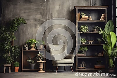 Vintage style photo studio with old IKEA furniture, grunge wall with paintin and plants in boho style Stock Photo