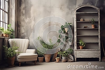 Vintage style photo studio with old IKEA furniture, grunge wall with paintin and plants in boho style Stock Photo
