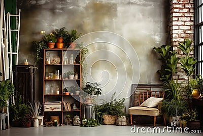 Vintage style photo studio with old IKEA furniture, grunge wall with paintin and plants in boho style Stock Photo