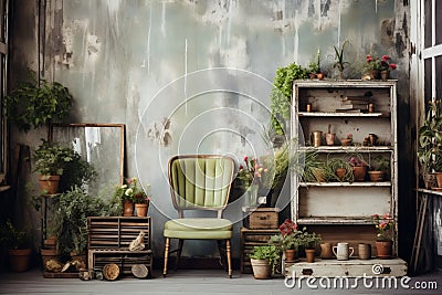 Vintage style photo studio with old IKEA furniture, grunge wall with paintin and plants in boho style Stock Photo