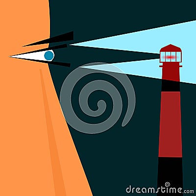 A vintage style portrait of a strong sailor man with a view of a lighthouse. Vector Vector Illustration