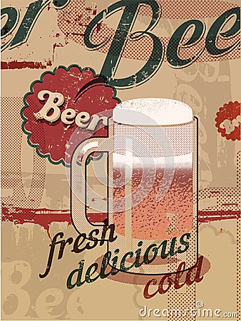 Vintage style poster with a beer mug. Retro vector beer poster. Vector Illustration