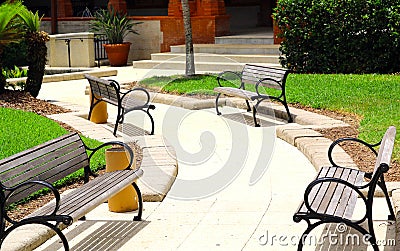 vintage style of public bench for relax in park. Stock Photo