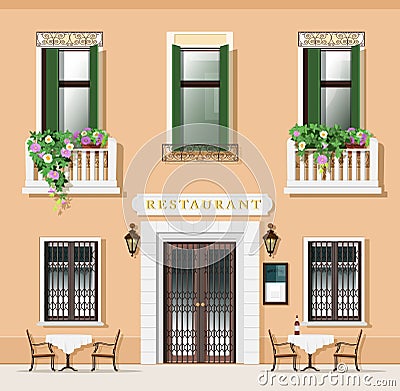 Vintage style restaurant facade. Old-fashioned cafe with tables and chairs. Vector Illustration