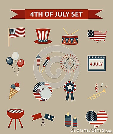 Vintage style set of patriotic icons Independence Day of America. July 4th collection of design elements, on Vector Illustration