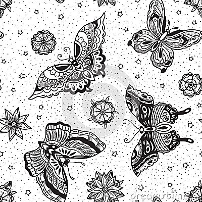 Vintage style traditional tattoo flash butterflies and flowers seamless pattern Vector Illustration