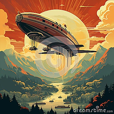 Vintage-style travel poster featuring a futuristic airship above majestic mountains and a vibrant cityscape Stock Photo