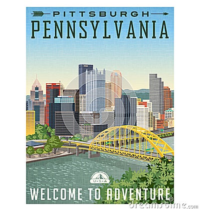 Travel poster or luggage sticker of Pittsburgh Pennsylvania Vector Illustration