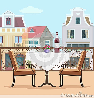 Vintage style vector balcony with table and chairs. Colorful graphic flat concept of terrace and city background. Vector Illustration