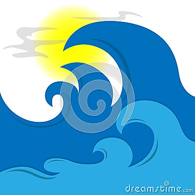 Vintage style waves and sun . Vector Illustration