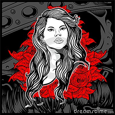 Vintage style young lady with roses - Vector Vector Illustration