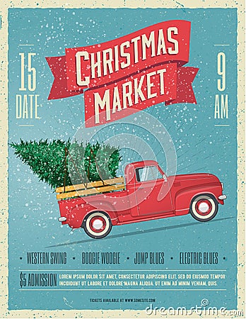 Vintage Styled Christmas Market Poster or Flyer Template with retro red pickup truck with christmas tree. Vector illustration. Vector Illustration