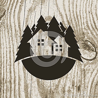 Vintage styled eco house badge with tree on wooden texture background. Vector logo design template Vector Illustration