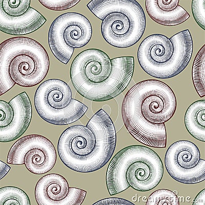 Vintage stylized spiral shells seamless pattern Vector Illustration