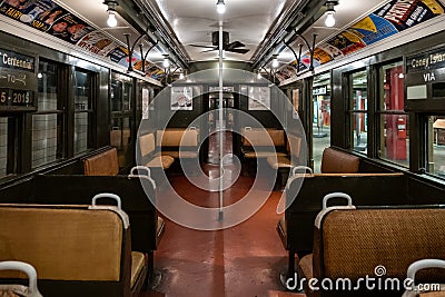 Vintage subway train car in New York Transit Museum located in downtown Brooklyn Editorial Stock Photo