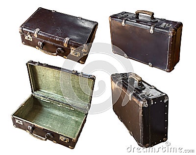 Vintage suitcase collage on white. Open, closed, front and side views. Stock Photo