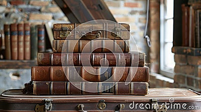 A vintage suitcase propped up on a stack of old leatherbound books serving as a unique and charming podium for Stock Photo