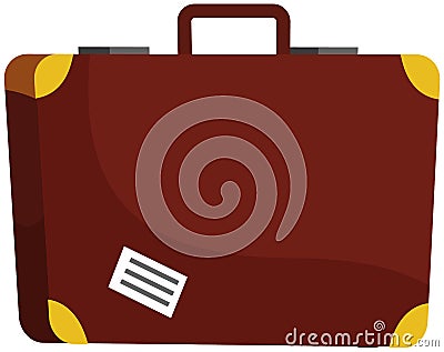 Vintage suitcase with sticker. Luggage leather rectangular brown bag isolated vector illustration Vector Illustration