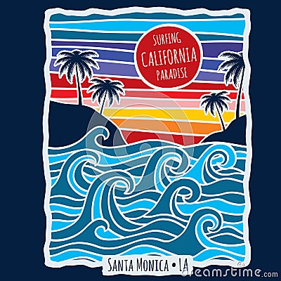 Vintage summer california surfing t shirt print design vector illustration Vector Illustration