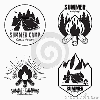 Vintage summer camp logo set. Camping badges and outdoor adventure emblems. Original typography with camping tent, bonfire. Vector Illustration