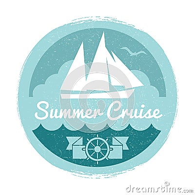 Vintage summer cruise label design with yacht Vector Illustration