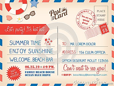 Vintage summer holiday postcard background template for invitation card Vector Illustration
