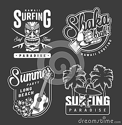 Vintage summer surfing monochrome prints Vector Illustration
