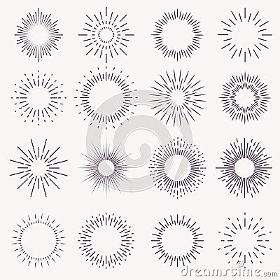 Vintage sunburst. Bursting rays sunrise firework starburst blast burst sunset star light ray radiant spark hand drawn Vector Illustration