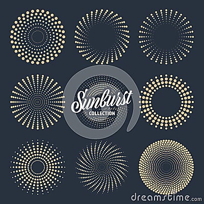 Vintage sunburst collection. Bursting sun rays. Fireworks. Logotype or lettering design element. Radial sunset beams Vector Illustration