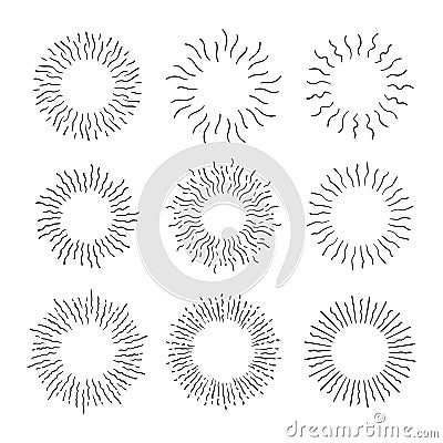 Vintage Sunburst Explosion Hand drawn Design Elements Fireworks Black Rays. Set of Black Sunbursts Graphic Elements. Vector Illustration