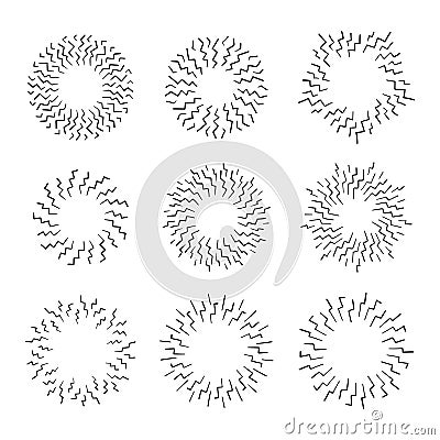 Vintage Sunburst Explosion Hand drawn Design Elements Fireworks Black Rays. Set of Black Sunbursts Graphic Elements. Vector Illustration